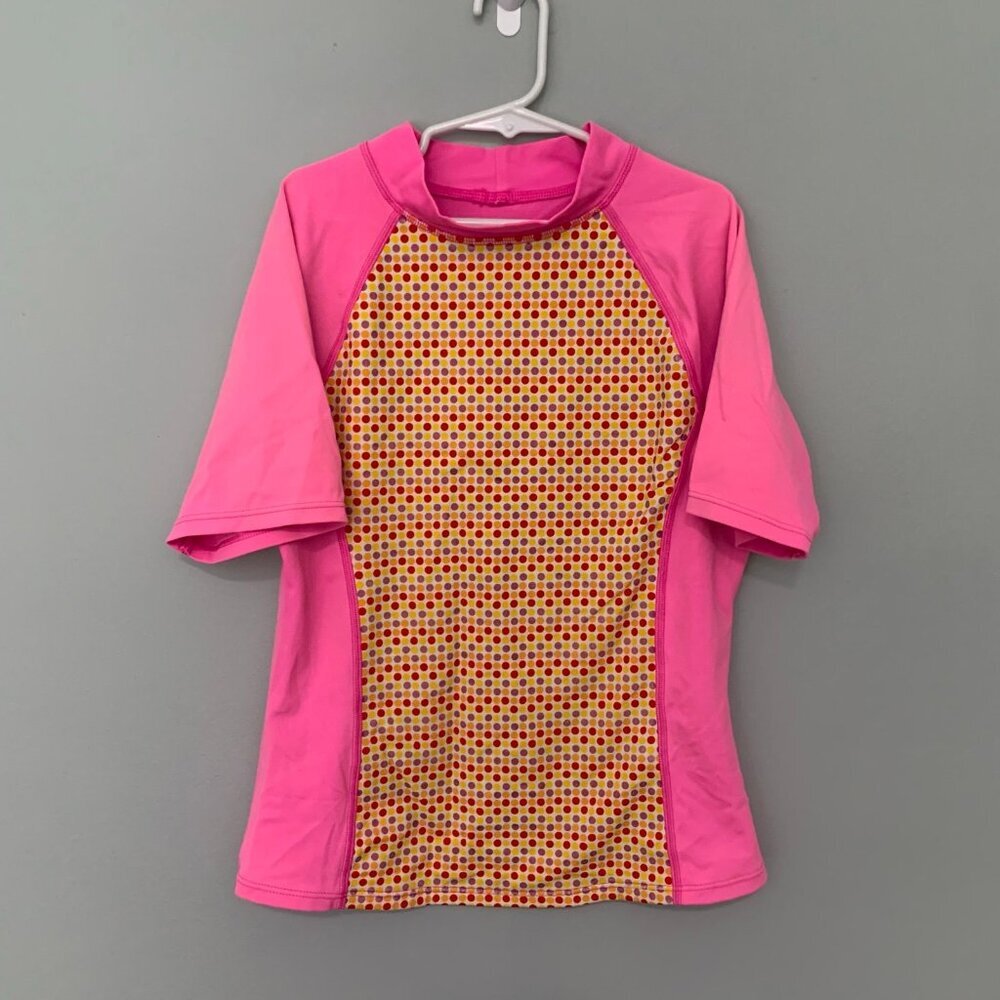 5/$25 Lands' End Girls Pink Polka Dot Rash Guard Swim‎ Shirt Size M 10-12